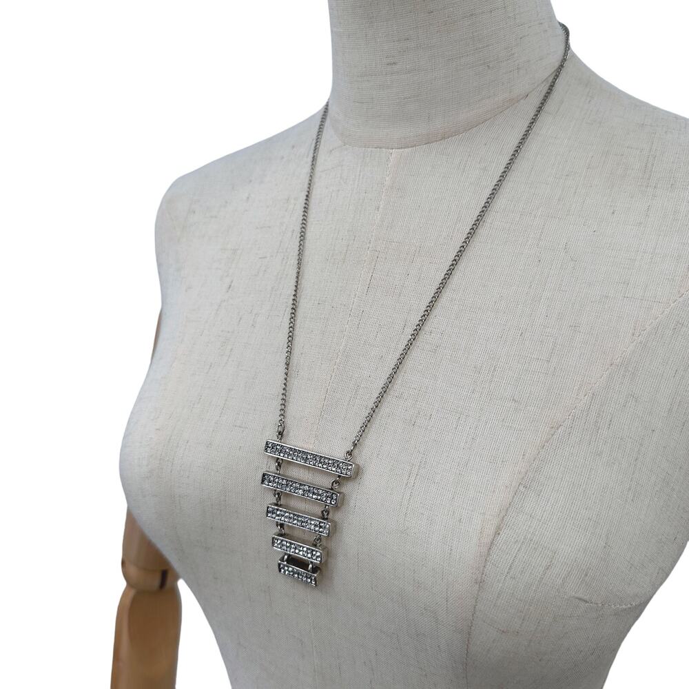 Mark by Avon Statement Necklace Silvertone Rhinestone Stacked Geometric Pendant - Picture 4 of 8